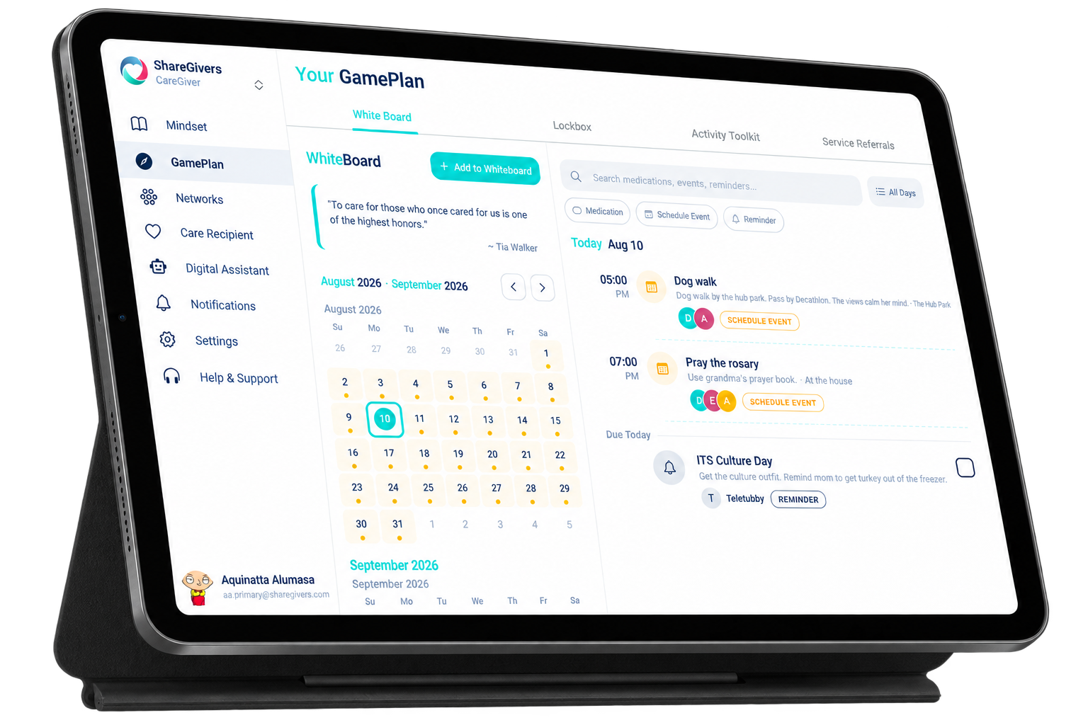 ShareGivers CareGiver GamePlan dashboard displayed on an iPad